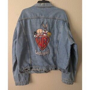 VINTAGE 1991 Acme Clothing Denim Jean Trucker Jacket XL Looney Tunes Hard Rock